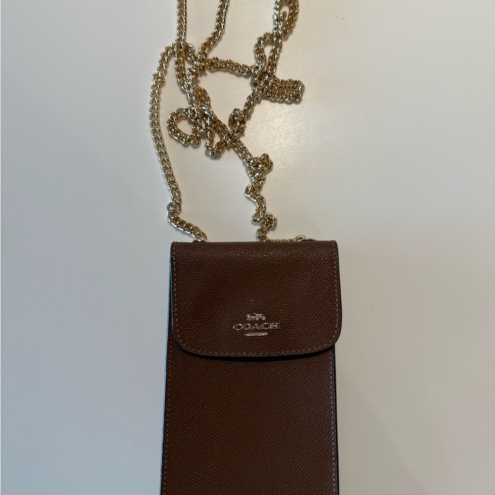 Coach Brown Leather Phone Crossbody with Gold Chain